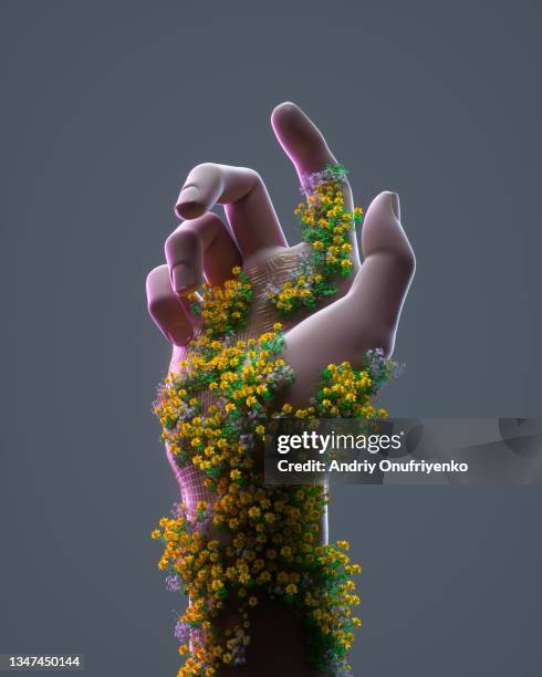 futuristic human hand covered by flowers pattern. - hope hands stock pictures, royalty-free photos & images