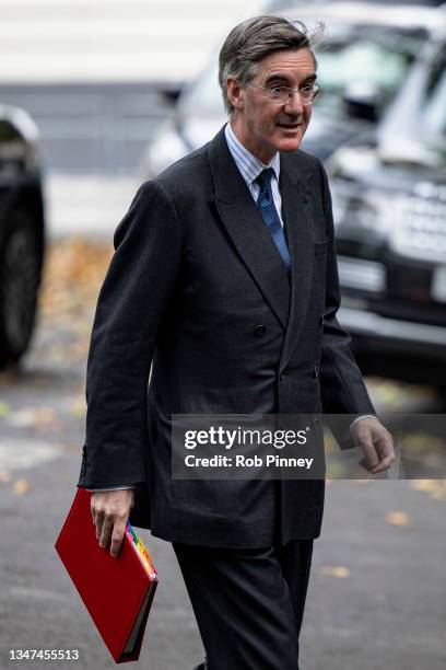 Leader of the House of Commons Jacob Rees-Mogg arrives at the Science Museum on October 19, 2021 in London, England. The summit brought together...