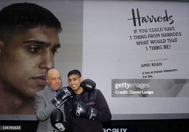 Mohamed Al Fayed and Amir Khan during Harrods: 1 Thing - Press Launch and Photocall at Junction of Grafton Way & Tottenham Court Road in London,...