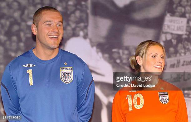 Paul Robinson and Kelly Smith during Official Launch of the New England Away Kit at SAS Radisson Hotel in Manchester, Great Britain.