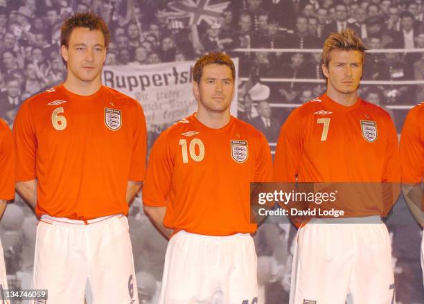 John Terry, Michael Owen and David Beckham during Official Launch of the New England Away Kit at SAS Radisson Hotel in Manchester, Great Britain.