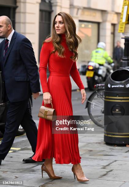 Catherine, Duchess of Cambridge arrives to make a keynote speech to launch "Taking Action on Addiction" campaign at BAFTA on October 19, 2021 in...
