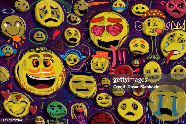 ilustraciones, imágenes clip art, dibujos animados e iconos de stock de emoticonos locos - serie de emociones