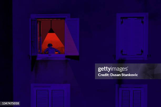 lady late at night - woman window stock illustrations