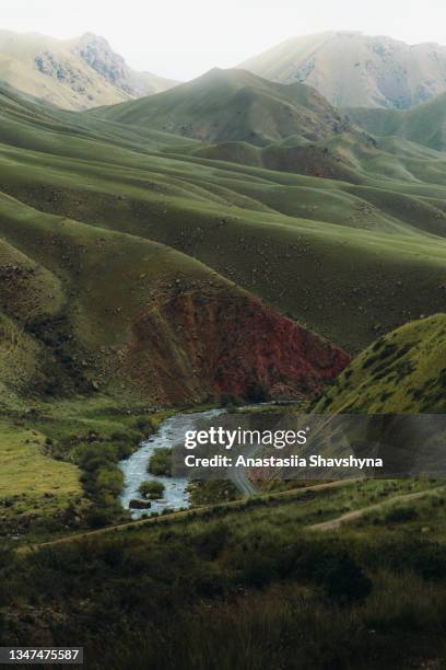 scenic view of the mountain pass though the green hills of tian shan, central asia - kyrgyzstan stock pictures, royalty-free photos & images