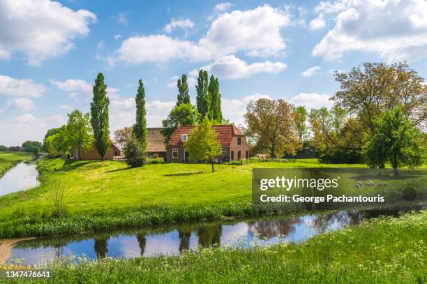 farmhouse in rural netherlands next to the canal - farm stockfoto's en -beelden