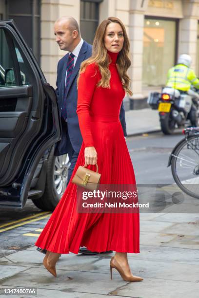 Catherine, Duchess of Cambridge arrives at BAFTA on October 19, 2021 in London, England. Led by the Forward Trust, "Taking Action on Addiction" is a...