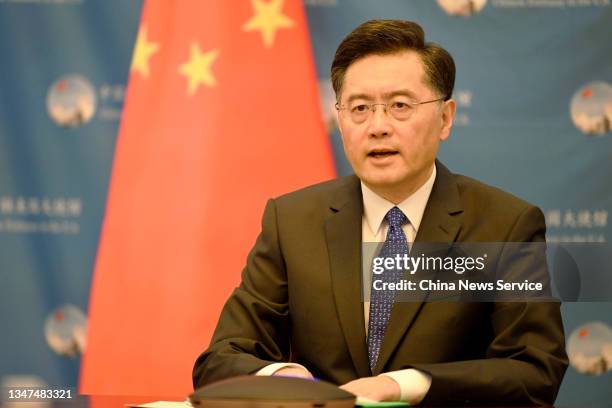 Chinese ambassador to the United States Qin Gang makes statement at an online symposium jointly held by Chinese Embassy and Consulates General in the...