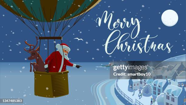 santa claus in hot air balloon - christmas card template stock illustrations