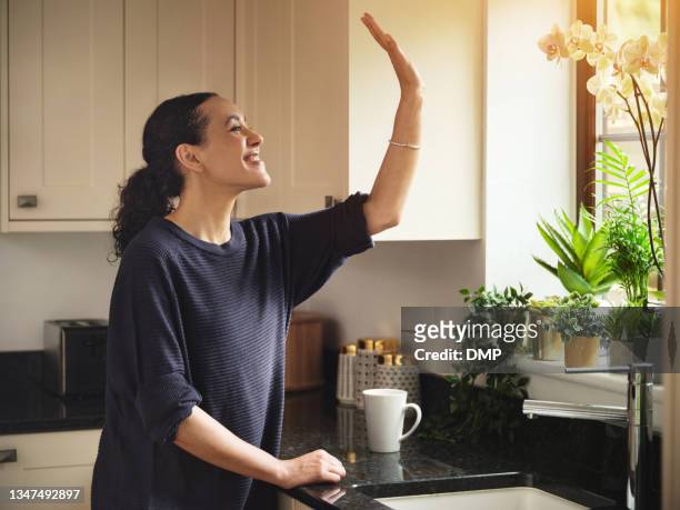 shot of a woman waving at someone through her kitchen window - woman waving stock pictures, royalty-free photos & images