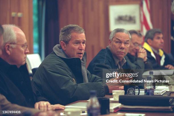 President George W Bush meets with his National Security Council at Camp David, Thurmont, Maryland, September 15, 2001. Pictured are, from left, US...