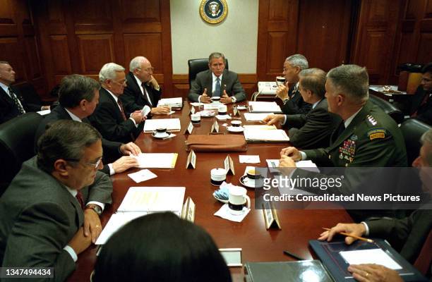 President George W Bush meets with his national security advisors in the Situation Room of the White House, Washington DC, September 20, 2001. The...