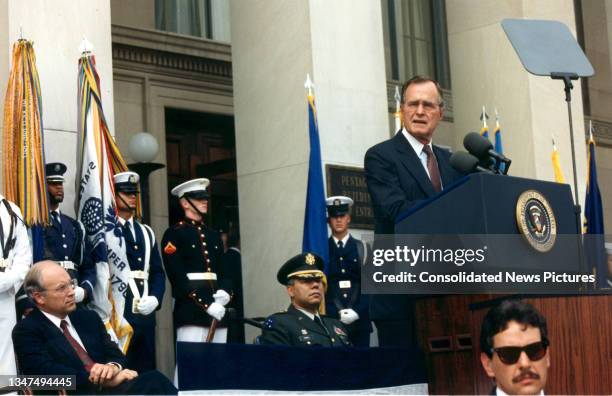 President George HW Bush delivers a speech to Pentagon employees, Washington DC, August 15, 1990. During the speech, he praised the Defense...