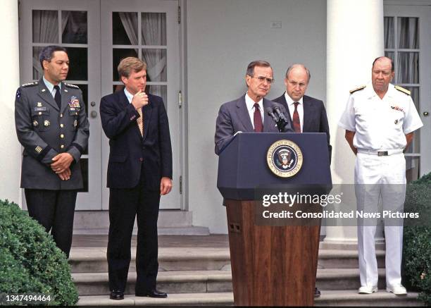 President George HW Bush names US Army General Colin L Powell as Joint Chiefs of Staff Chairman at the White House, Washington DC, August 10, 1989....