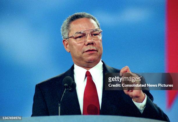Retired US Army General Colin L Powell speaks at the 1996 Republican National Convention at the San Diego Convention Center, San Diego, California,...