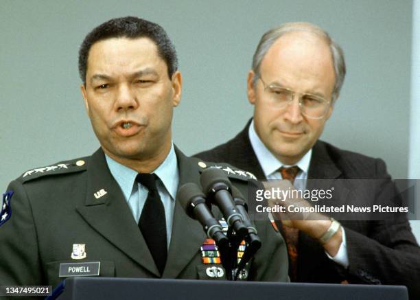 Army General Colin L Powell (1937 - 2021 speaks in the Rose Garden of the White House, Washington DC, August 10, 1989. He had just been named...