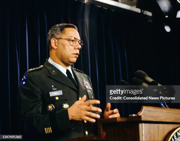 Joint Chiefs of Staff Chairman General Colin L Powell speaks during a press briefing at the Pentagon, Washington DC, January 16, 1991. He spoke about...