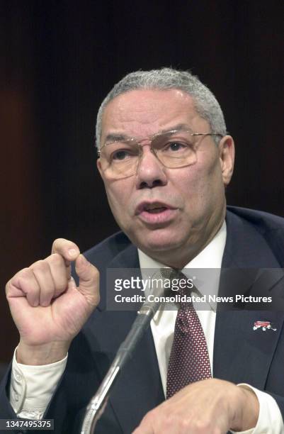 Retired General Colin L Powell testifies before the US Senate Foreign Relations Committee, Washington DC, January 17, 2001.