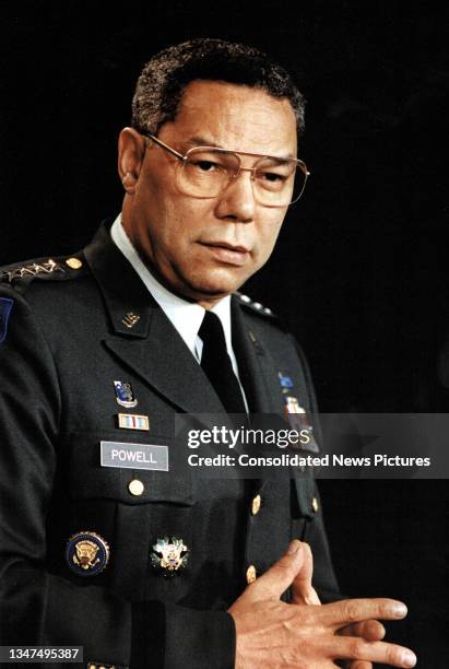 Joint Chiefs of Staff Chairman General Colin L Powell speaks during a news briefing at the Pentagon, Washington DC, February 12, 1993.