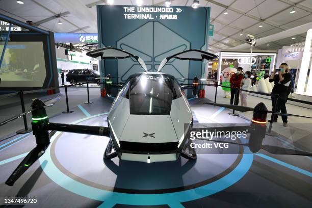 XPeng Voyager X2 electric multicopter manned aircraft is on display at the Apsara Conference 2021 on October 19, 2021 in Hangzhou, Zhejiang Province...