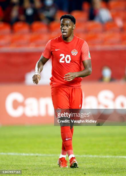 Jonathan David of Canada during a 2022 World Cup Qualifying match against Panama at BMO Field on October 13, 2021 in Toronto, Ontario, Canada.