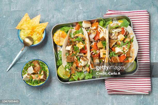 vegetarian fajitas with tofu and tomatoes - tortilla flatbread stock pictures, royalty-free photos & images