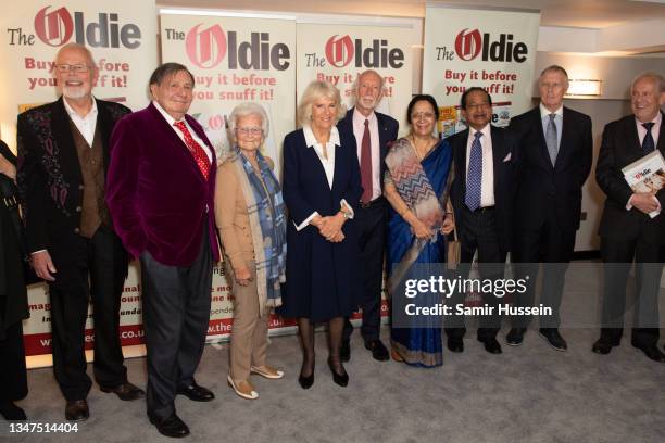 Winners of the Oldie Awards 2021 pose with Camilla, Duchess of Cornwall , 'Whispering' Bob Harris, Barry Humphries, Margaret Seaman, Roger McGough,...