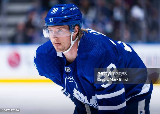 Rasmus Sandin of the Toronto Maple Leafs looks on agains the New York Rangers during the first period at the Scotiabank Arena on October 18, 2021 in...