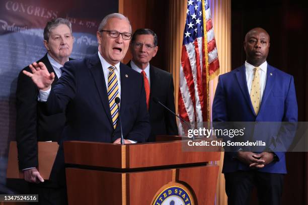 Sen. Kevin Cramer speaks during a news conference with fellow Republican senators, including Sen. John Kennedy , Sen. John Barrasso and Sen. Tim...