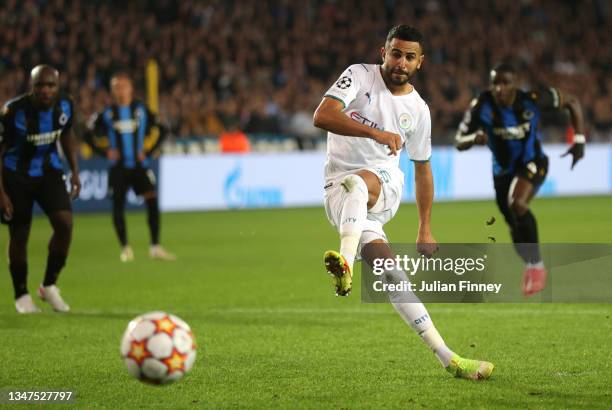 Riyad Mahrez of Manchester City scores their side's second goal from the penalty spot during the UEFA Champions League group A match between Club...