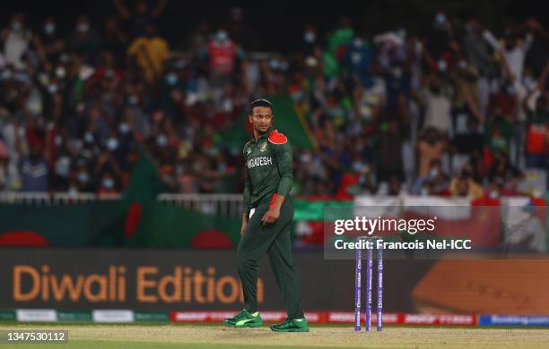 Shakib Al Hasan of Bangladesh looks on during the ICC Men's T20 World Cup match between Bangladesh and Oman at Oman Cricket Academy Ground on October...