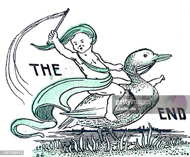 elf rides a duck, the end - the end story stock illustrations