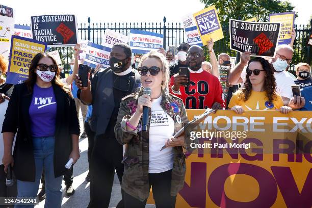 Actress and People For the American Way board member Alyssa Milano speaks at the "No More Excuses: Voting Rights Now" rally held in front of The...