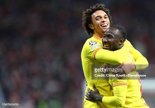 Naby Keita of Liverpool celebrates scoring his teams second goal during the UEFA Champions League group B match between Atletico Madrid and Liverpool...