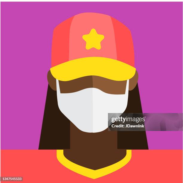 abstrakte erwachsene afroamerikanische frau, die eine gesichtsmaske avatar-ikone in modernen, lebendigen flachen farben trägt - flat cap stock-grafiken, -clipart, -cartoons und -symbole