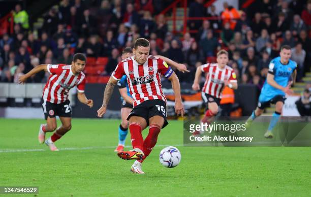 Billy Sharp of Sheffield United scores from the penalty spot during the Sky Bet Championship match between Sheffield United and Millwall at Bramall...