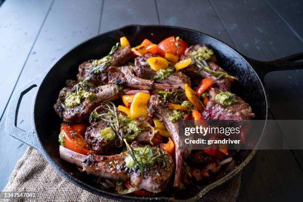 gourmet grilled lamb chops with rosemary and pesto sauce - rack of lamb pesto stock pictures, royalty-free photos & images