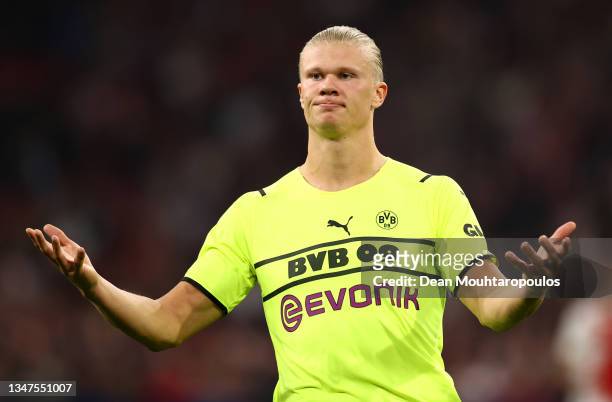 Erling Haaland of Borussia Dortmund reacts during the UEFA Champions League group C match between AFC Ajax and Borussia Dortmund at Amsterdam Arena...