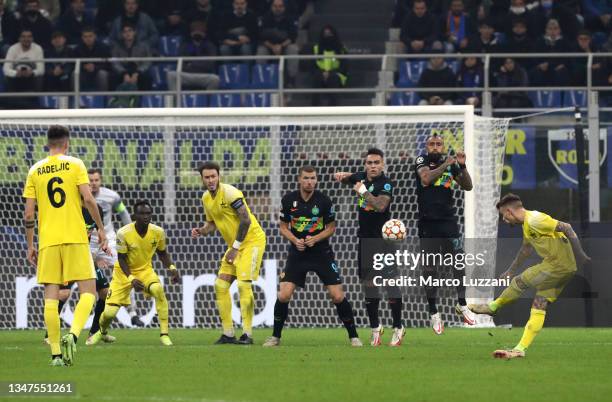 Sebastien Thill of FC Sheriff Tiraspol scores their side's first goal during the UEFA Champions League group D match between FC Internazionale and FC...