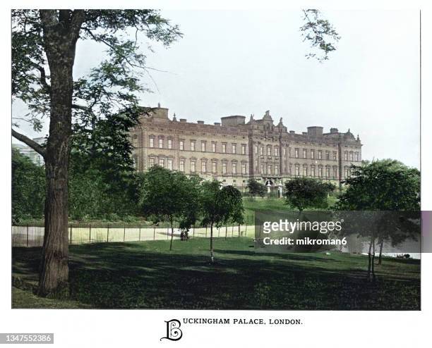 old illustration of buckingham palace garden front, london, england - buckingham palace stock-fotos und bilder