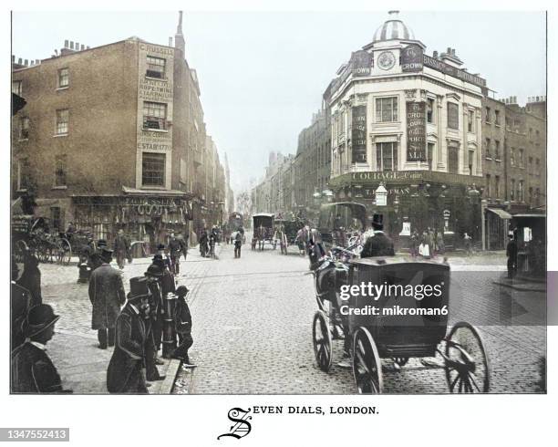 old illustration of seven dials, london, england - horsedrawn stock-fotos und bilder