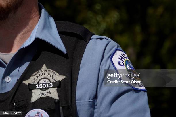 Chicago police officers patrol downtown as the city celebrates the Chicago Sky's WNBA title on October 19, 2021 in Chicago, Illinois. The city has...