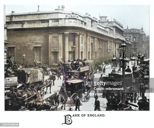 old illustration of the bank of england in london, england - 1900 london stockfoto's en -beelden