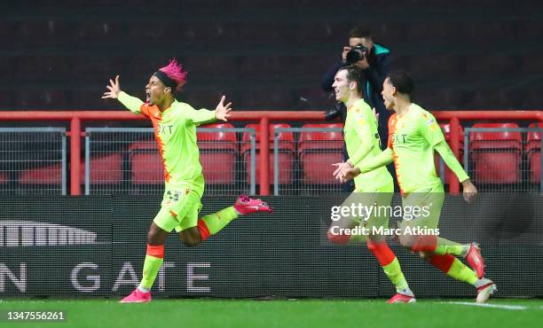 Lyle Taylor of Nottingham Forest celebrates after scoring their side's second goal during the Sky Bet Championship match between Bristol City and...