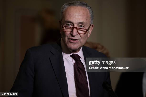 Senate Majority Leader Chuck Schumer speaks at a press conference after a luncheon with Senate Democrats at the U.S. Capitol Building on October 19,...