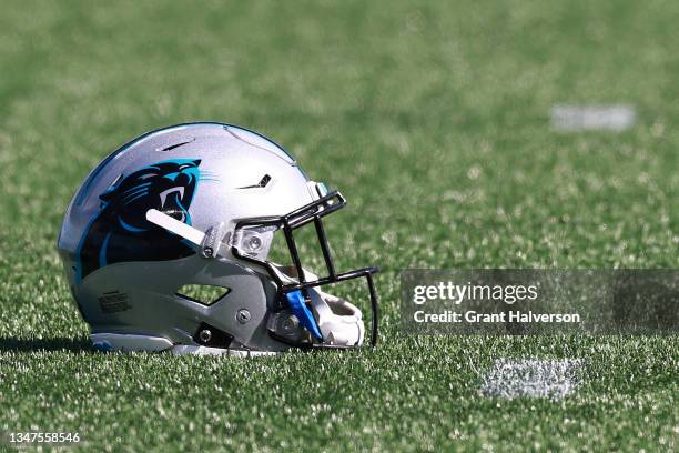 Detailed photo of a Carolina Panthers helmet during their game against the Minnesota Vikings at Bank of America Stadium on October 17, 2021 in...