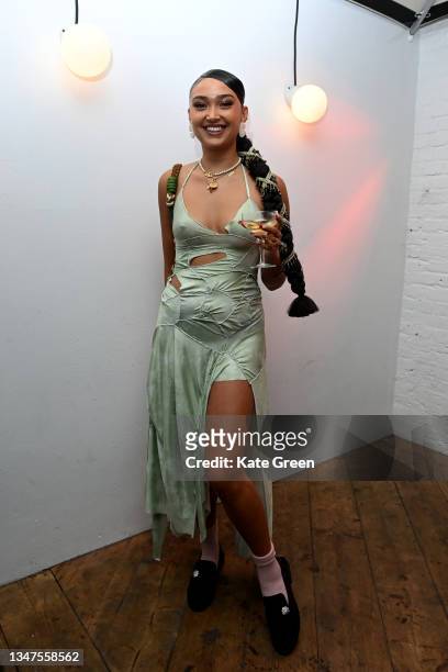 Joy Crookes during the "Skin" By Joy Crookes album launch at Bistrotheque on October 19, 2021 in London, England.