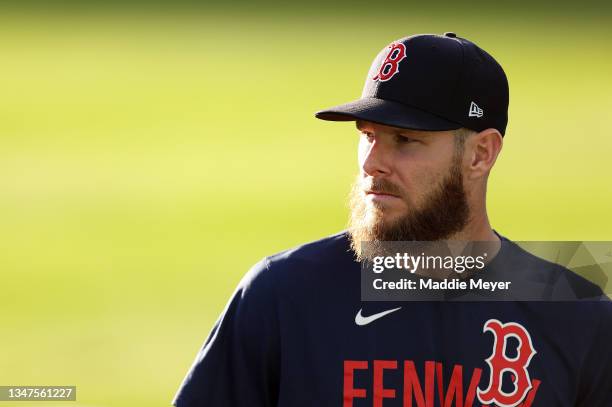 Chris Sale of the Boston Red Sox warms up before Game Four of the American League Championship Series against the Houston Astros at Fenway Park on...