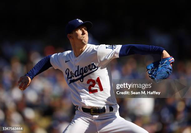 Starting pitcher Walker Buehler of the Los Angeles Dodgers pitches during the 2nd inning of the National League Championship Series against the...