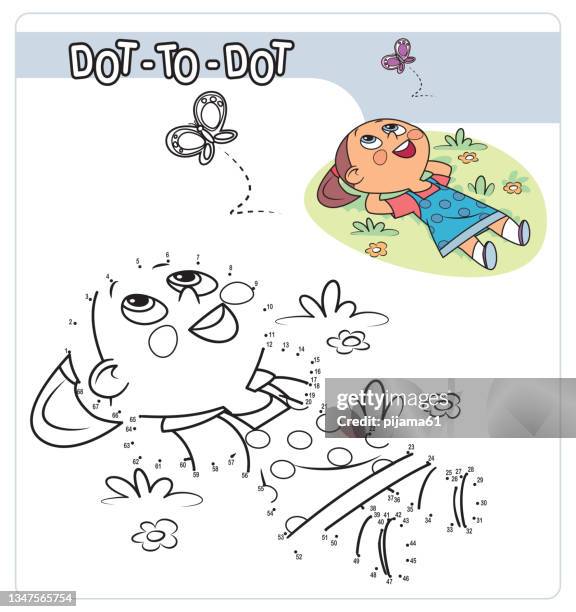 numbers game, education game for children, happy girl lying on grass - connect the dots child stock illustrations